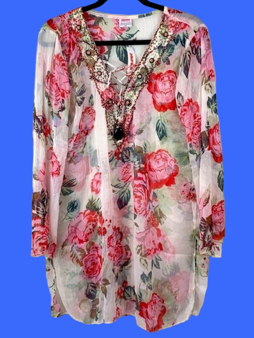 Japna Pink Floral Lace-Up Sheer Beach Coverup